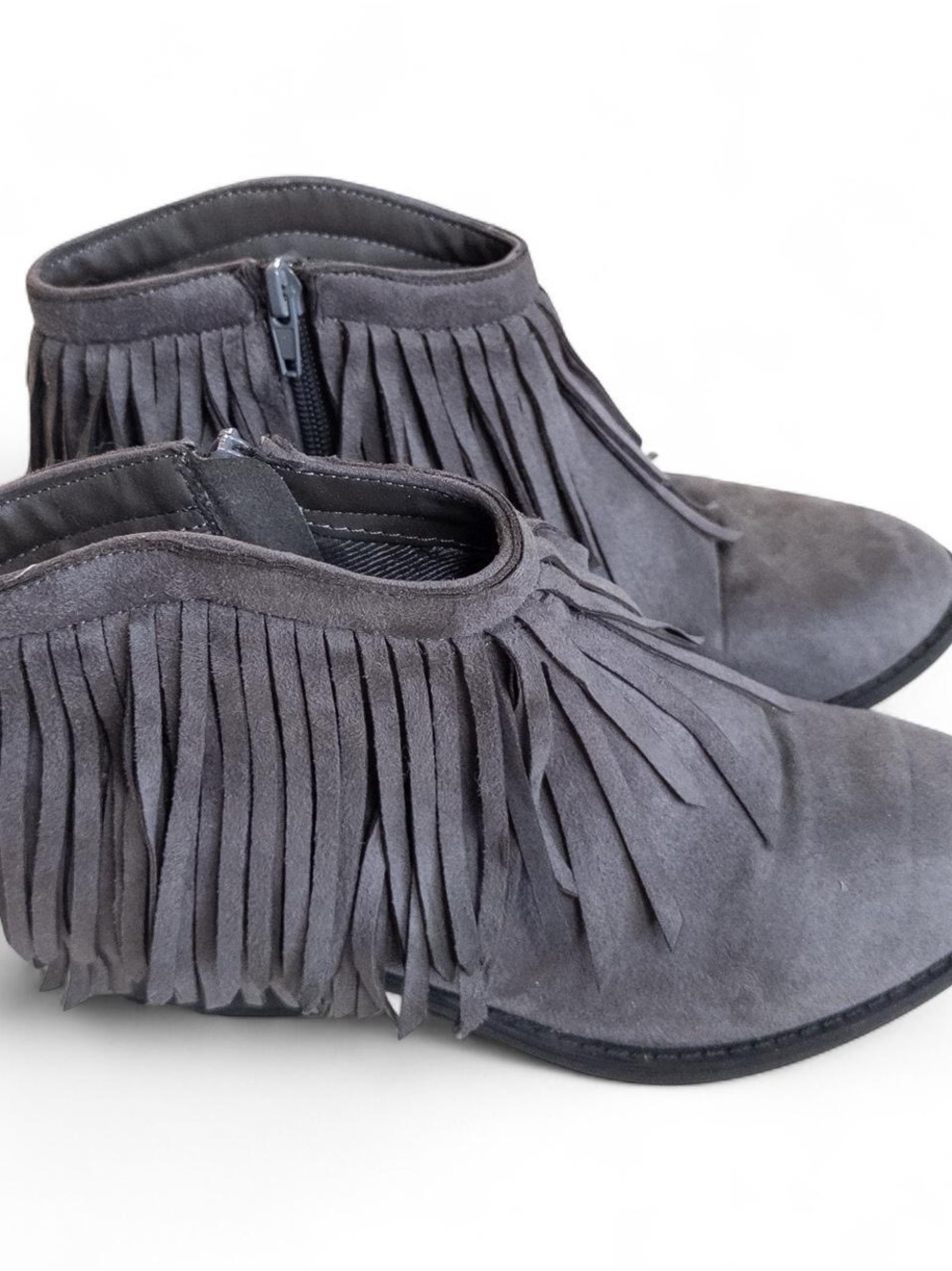 J. Adams Marrow Ankle Boot Dark Grey Charcoal Vegan Suede Fringe Booties 7.5